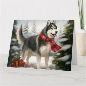 Carte Chien Husky Sibérien dans la neige de Noël (Devant)