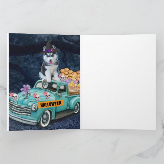 Carte Chien Husky Sibérien Halloween Camion Nuit Effraya (Intérieur)