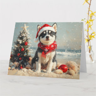 Carte Chien Husky Sibérien Noël Plage Vintage