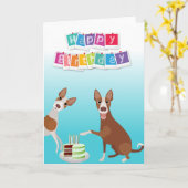 Carte Chien Ibizenca d'anniversaire avec gâteau d'annive (Fleur jaune)