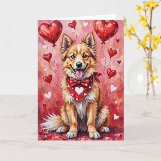 Carte Chien Keeshond de la Saint-Valentin assis avec des (Fleur jaune)