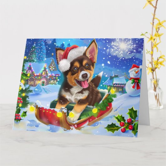 Carte Chien Kelpie australien à Sleigh neige Noël (Fleur jaune)