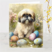 Carte Chien Lhassa Apso avec oeufs de Pâques vacances (Fleur jaune)