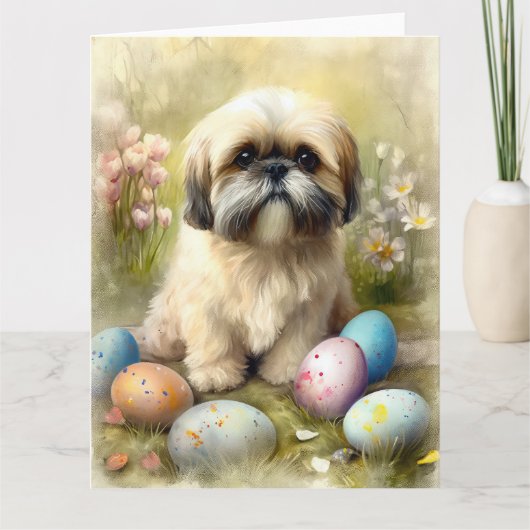 Carte Chien Lhassa Apso avec oeufs de Pâques vacances (Devant)