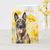 Carte Chien malinois belge et Poppies d'or Anniversaire (Fleur jaune)