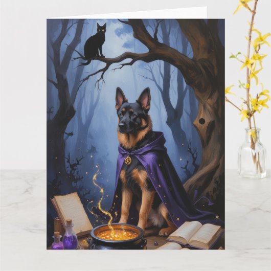 Carte Chien Malinois belge Peinture d'Halloween lunaire (Fleur jaune)