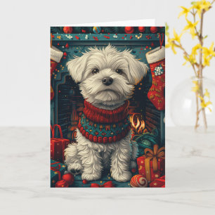 Carte Chien maltais avec cadeaux de Noël cheminée