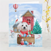 Carte Chien maltais dans une maison pour chien de Noël e (Fleur jaune)