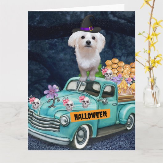Carte Chien Maltais Halloween Camion Nuit Effrayante (Fleur jaune)