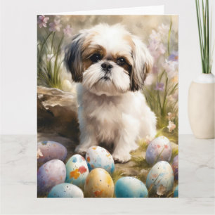 Carte Chien Malti Tzu avec œufs de Pâques