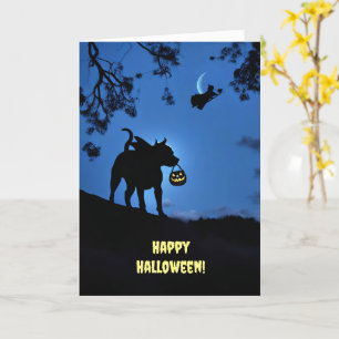 Carte Chien mignon d'Halloween en costume avec brique ou