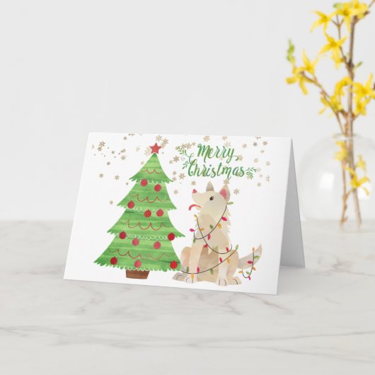 Carte Chien mignon enveloppé dans les lumières de Noël à (Fleur jaune)