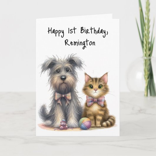 Carte Chien mignon et chat heureux 1er anniversaire Pers (Devant)