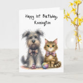 Carte Chien mignon et chat heureux 1er anniversaire Pers (Fleur jaune)