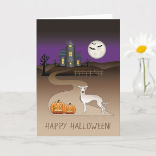 Carte Chien mignon Iggy crème et maison hantée Halloween