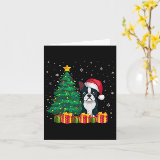 Carte Chien moche Boston Terrier Santa Hat Noël Lumières (Fleur jaune)