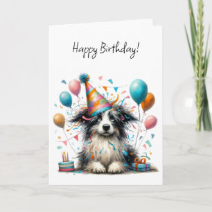 Carte Chien noir et blanc mignon avec un chapeau de fête