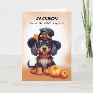 Carte Chien noir mignon d'Halloween portant un chapeau a