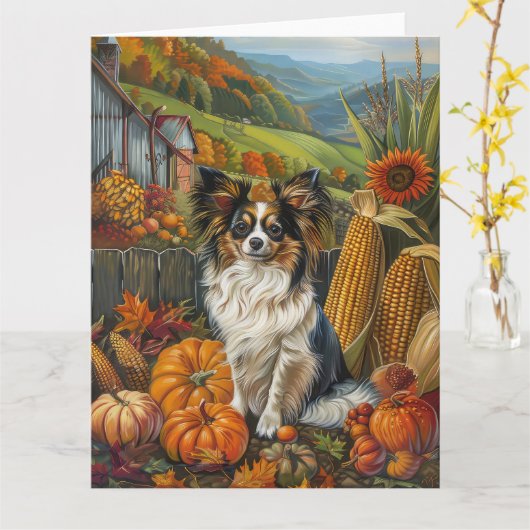 Carte Chien Papillon Moisson d'automne Thankesgiving (Fleur jaune)