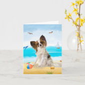 Carte Chien Papillon sur la Plage (Fleur jaune)