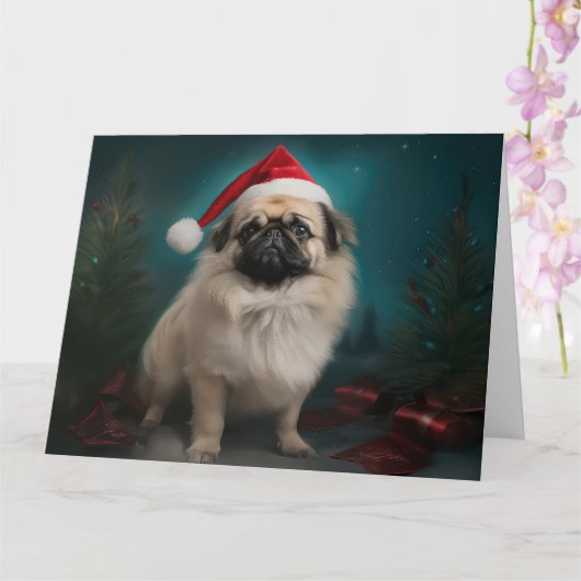 Carte Chien pekingese pendant Noël de neige (Orchidée)
