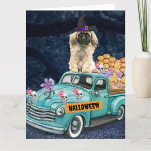 Carte Chien Pékinois Halloween Camion Nuit Effrayante