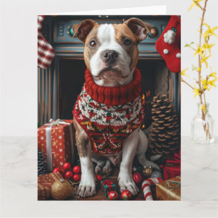 Carte Chien Pitbull avec des cadeaux de Noël Cheminée