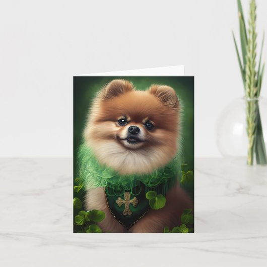Carte Chien Poméranie en tenue de la Saint-Patrick (Devant)
