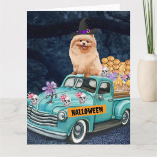Carte Chien Poméranie Halloween Camion Nuit Effrayante