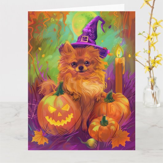 Carte Chien Poméranien éffrayant Halloween sorcière et C (Fleur jaune)