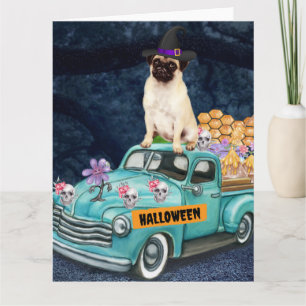 Carte Chien Pug Halloween Camion Nuit Effrayante