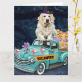 Carte Chien Retriever doré Halloween Camion Nuit effraya (Fleur jaune)