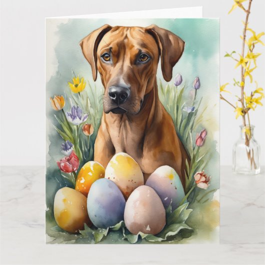 Carte Chien Rhodesian Ridgeback avec oeufs de Pâques vac (Fleur jaune)