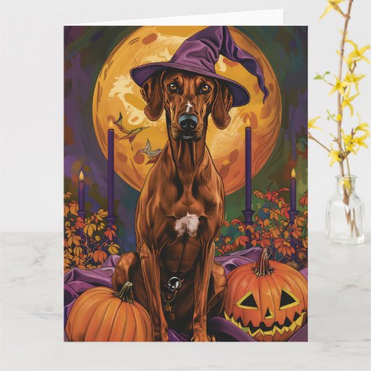 Carte Chien Rhodesian Ridgeback Sorcière d'Halloween Cit (Fleur jaune)