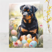 Carte Chien Rottweiler avec Oeufs de Pâques Fête (Fleur jaune)