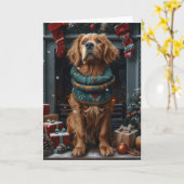 Carte Chien rouge irlandais avec cheminée cadeau de Noël (Fleur jaune)
