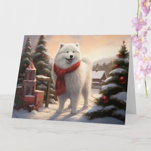 Carte Chien Samoyé à Noël de neige (Orchidée)