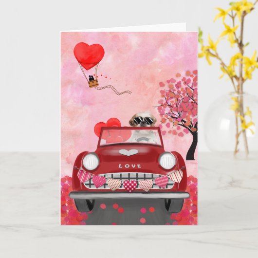 Carte Chien Shih Tzu Voiture avec coeurs Saint-Valentin (Fleur jaune)