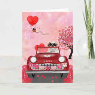 Carte Chien Shih Tzu Voiture avec coeurs Saint-Valentin