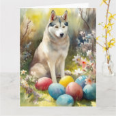 Carte Chien sibérien Husky avec oeufs de Pâques vacances (Fleur jaune)