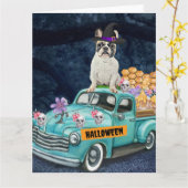 Carte Chien-taureau français Halloween Camion Effrayant (Fleur jaune)