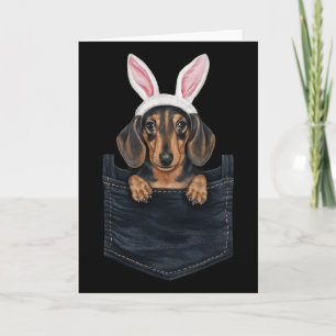 Carte Chien teckel mignon chapeau de lapin dans la poche