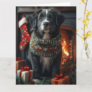Carte Chien Terre-Neuve avec cheminée de cadeaux de Noël