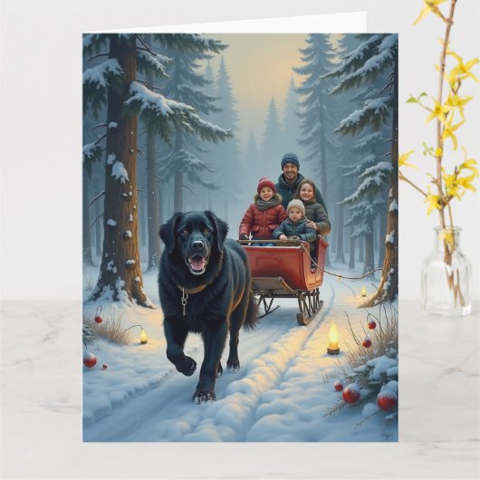 Carte Chien Terre-Neuve Traîneau enneigé Noël (Fleur jaune)