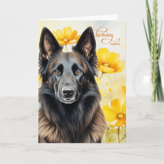 Carte Chien Tervuren belge et Poppies d'or Anniversaire (Devant)