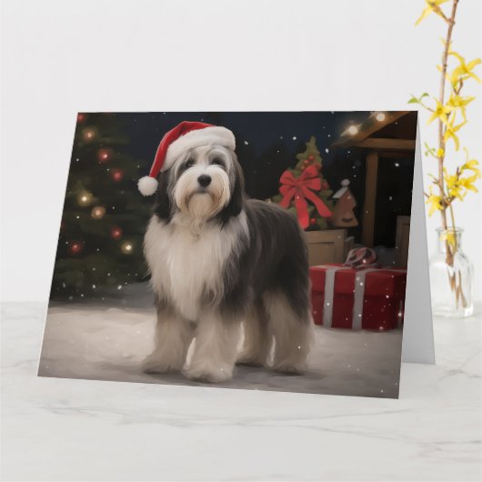 Carte Chien tibétain de Terrier en Noël de neige (Fleur jaune)