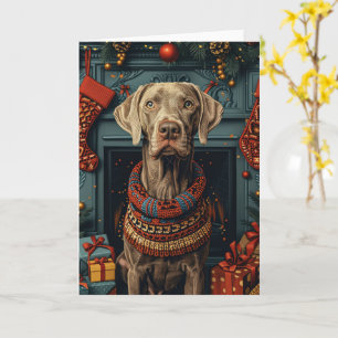 Carte Chien Weimaraner avec des cadeaux de Noël Cheminée