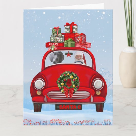 Carte Chien Weimaraner En Voiture Avec Le Père Noël (Devant)