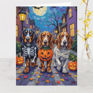 Carte Chiens Basset Hound faisant Trick-or-Treating à Ha