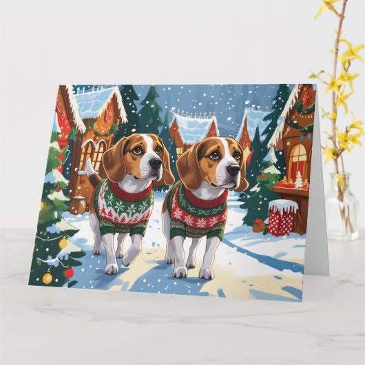 Carte Chiens beagles Noël Fête de la neige (Fleur jaune)